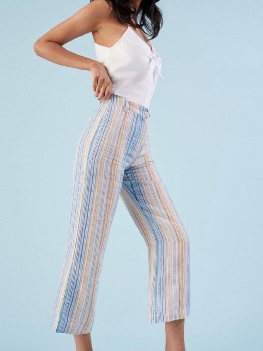 Reformation Tahiti Linen Pants Marbella Stripe High Rise Cropped 8 Blue Orange